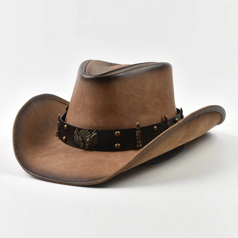 100% Leather Western Cowboy Hat Men Wide Brim Gentleman Church Jazz Cap Cowgirl Hats Sombrero Hombre