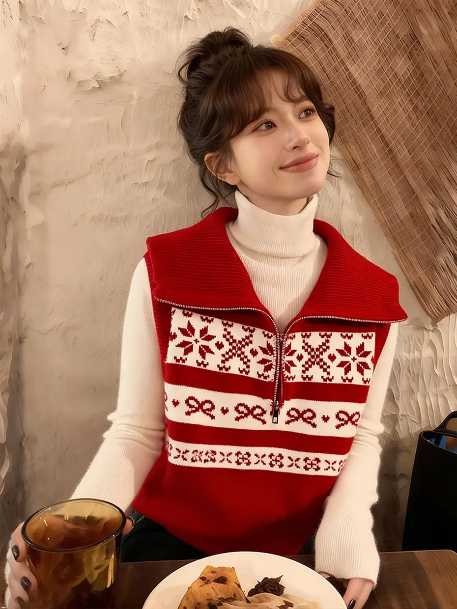 Unique Beautiful Red Warm Zipper Knitted Vest Women's Style Winter Outerwear Sleeveless Sweater Commute Fashion  Knot