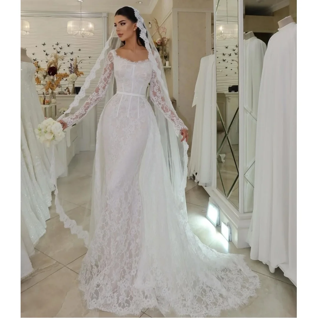 

Lace Mermaid Wedding Dresses Detachable Train Long Sleeve Vestido de Novia Second Reception Gown Customized Robe De Soirée
