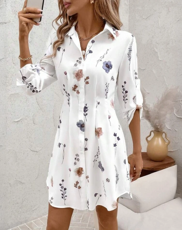 

Flower Print Lapel Long Sleeved Shirt Dress for Women's Summer Elegant Professional Casual Print Single Breasted Shirt Dress