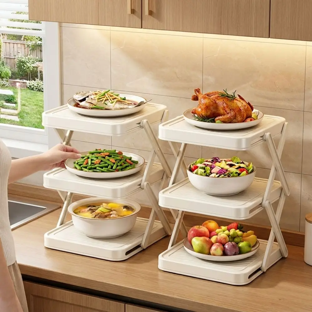 3/4-Tier Prepare Dish Storage Rack Large Capacity Collapsible Food Preparation Holder Plastic Space-Saving Dish Storage Rack