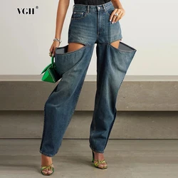 VGH Streetwear Hollow Out Jeans For Women High Waist Vintage Casual Loose Straight Leg Denim Pants Female Fashion Clothing New