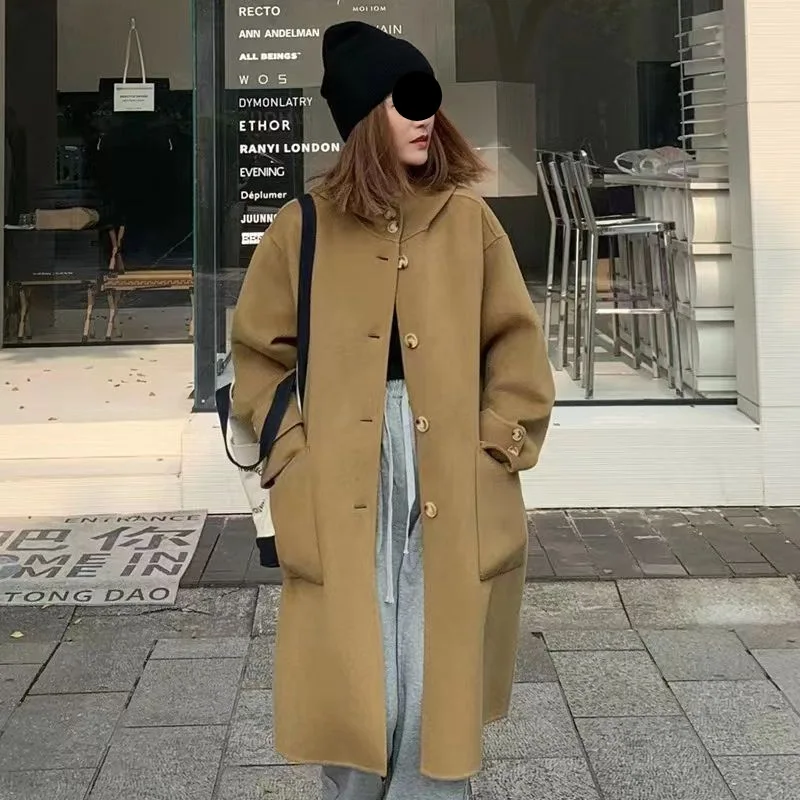 

Long Winter Warm Wool Blend Coat for Women Loose Large Hooded Trench Coat Spring Autumn Winter Clothes manteau femme hiver L-4XL