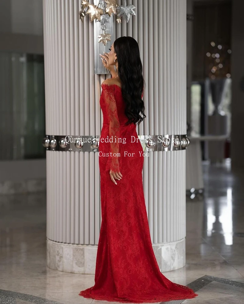 Qunque Strapless Long Sleeves Mermaid Prom Dress Formal Full Lace Red Party Gowns Robe Soirée Femme Vestidos De Noche Customized