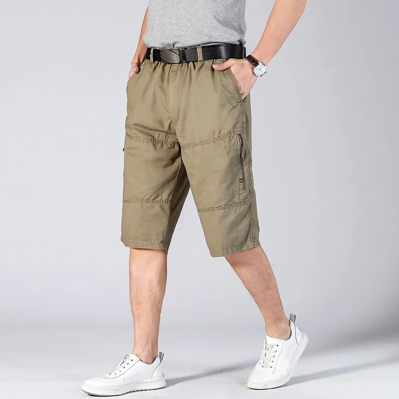 

Male 3/4 Loose Pants Breeches 2025 Men's Long Shorts Elastic Waist Summer Cargo Shorts Men Cotton Pocket Zipper Length Bermuda