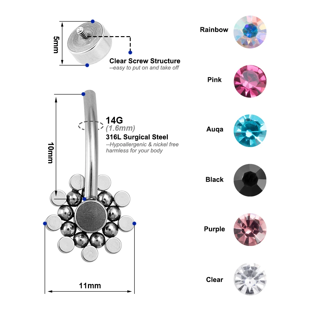 1Pc Crystal Bling Sunflower Belly Rings Titanium Belly Navel Piercing Sexy Belly Button Ring Fashion Women\'s Body Jewelry