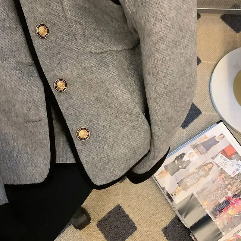 Cappotti trapuntati grigi corti abbigliamento donna Vintage giacca di lana con risvolto a contrasto autunno inverno Harajuku Jaquetas Chaqueta