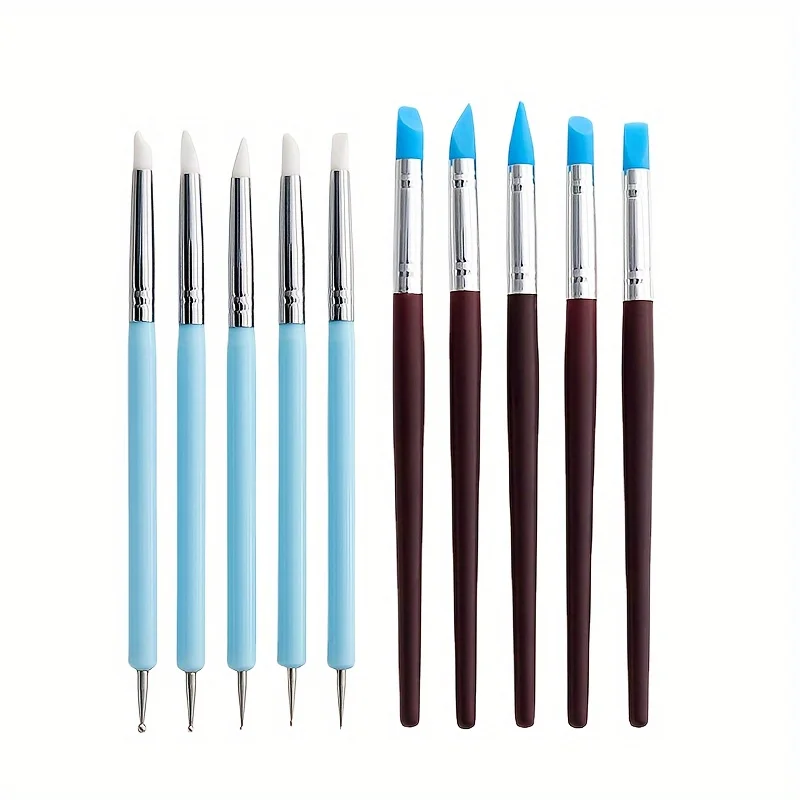 

10 Metal wooden handle silicone head set polymer clay modeling DIY hand carving tool pen