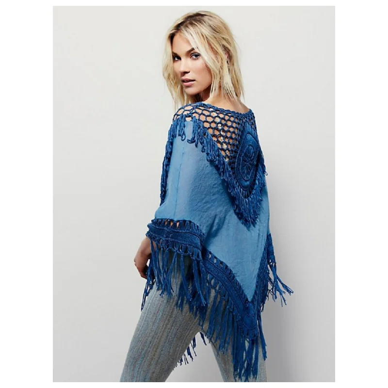 Women's Crochet Fringe Poncho -  Sexy Ponch Cotton Beach Cover Up with Fringe Detail Summer Fashion Beach Clothes