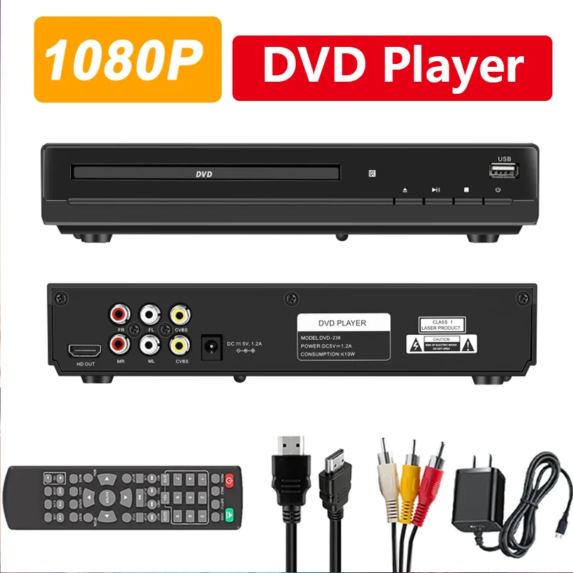 

HD 1080P Home DVD Player Box Multifunctional DVD CD-Discs Player Set with Remote Control Portable Player Box for TV Home Theater