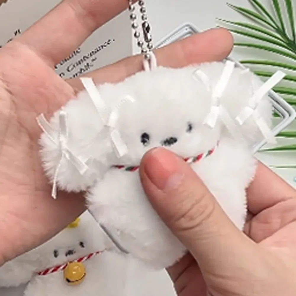 Squeak White Dog Plush Keychain Small Bell Stuffed Plush Doll Pendant Bow Cartoon Puppy Plush Keyring Christmas Gift