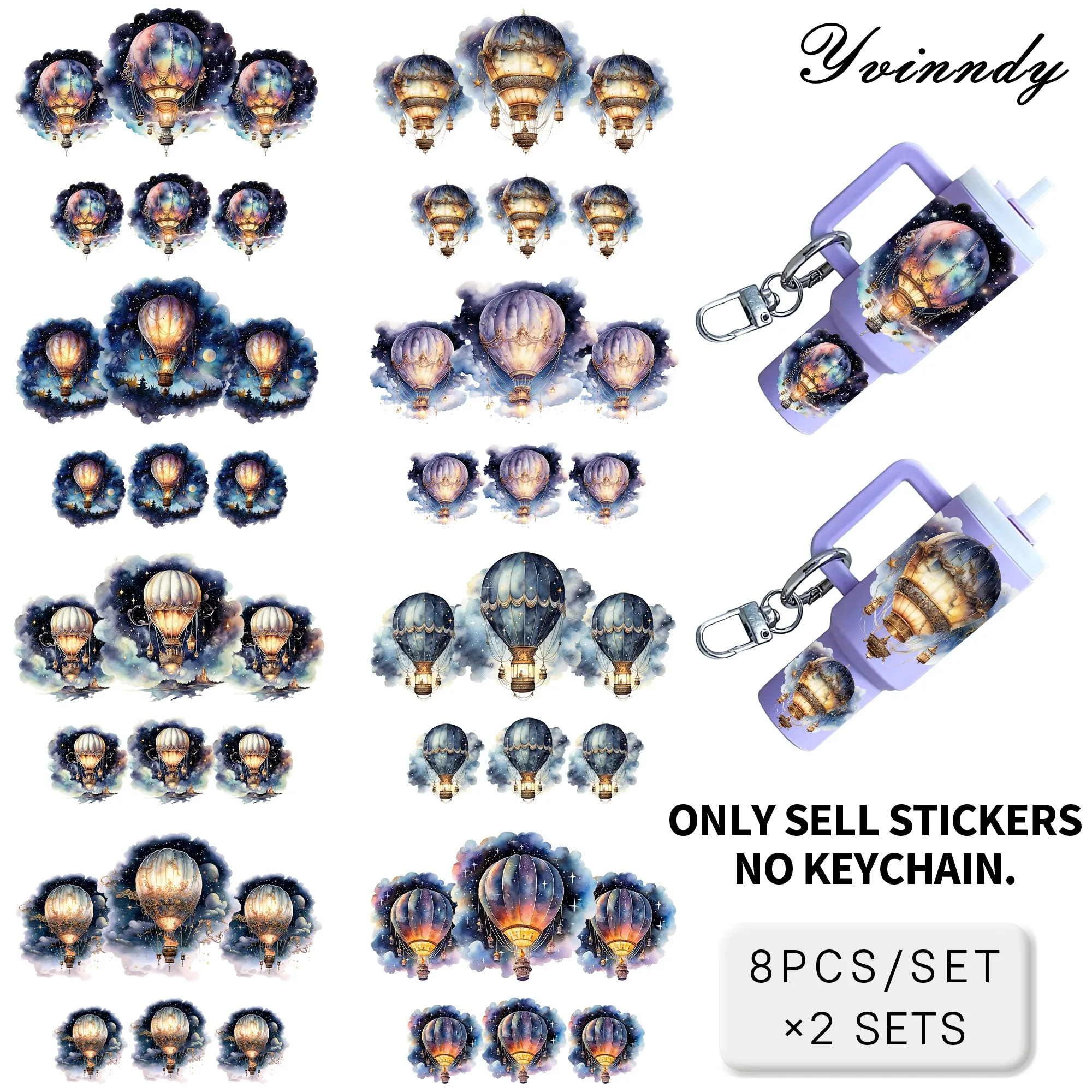 

Набор из 8 наклеек-брелоков Starlit Hot Air Balloon UV DTF, водонепроницаемые, прочные, для самостоятельного изготовления, подходят для брелоков MINI Cup