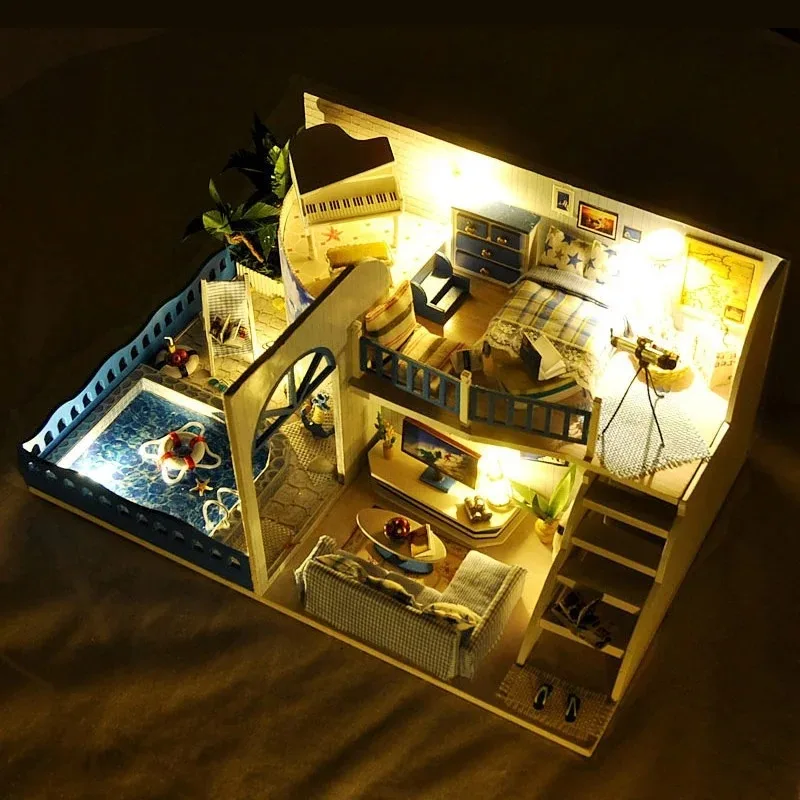 DIY Wooden Seaside Vacation Villa Cottage Miniature Dollhouse 3D Puzzle Assembly Model Kits for Adults Birthday Gifts Home Decor