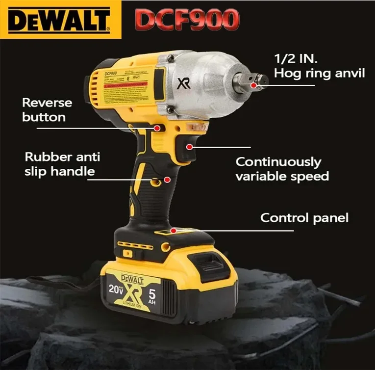 DEWALT DCF900 Kit 1/2 pouces clé à chocs sans fil à couple élevé avec enclume d'anneau de porc 20V outils électriques chargeur de batterie