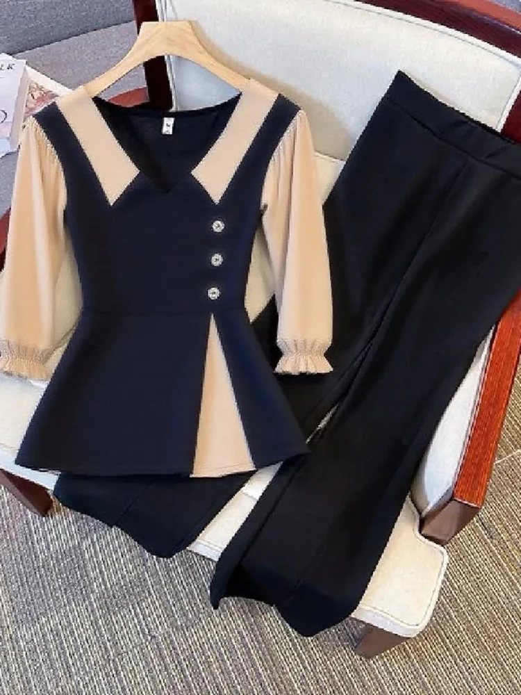 

Женский комплект из двух предметов во французском стиле, топ из двух частей из сращенной сетки с половиной рукавов + утягивающие микро расклешенные брюки с высокой талией