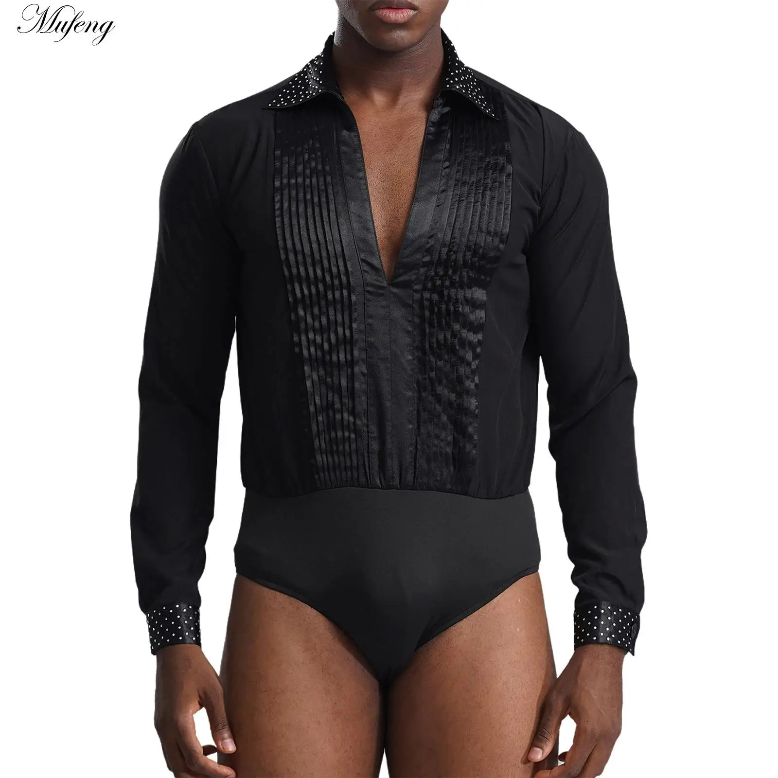 Tango Latin Dance Bodysuit Mens Rhinestones Deep V-neck Long Sleeve Leotard Romper Sexy Cha-Cha Rumba Dance Performance Costumes