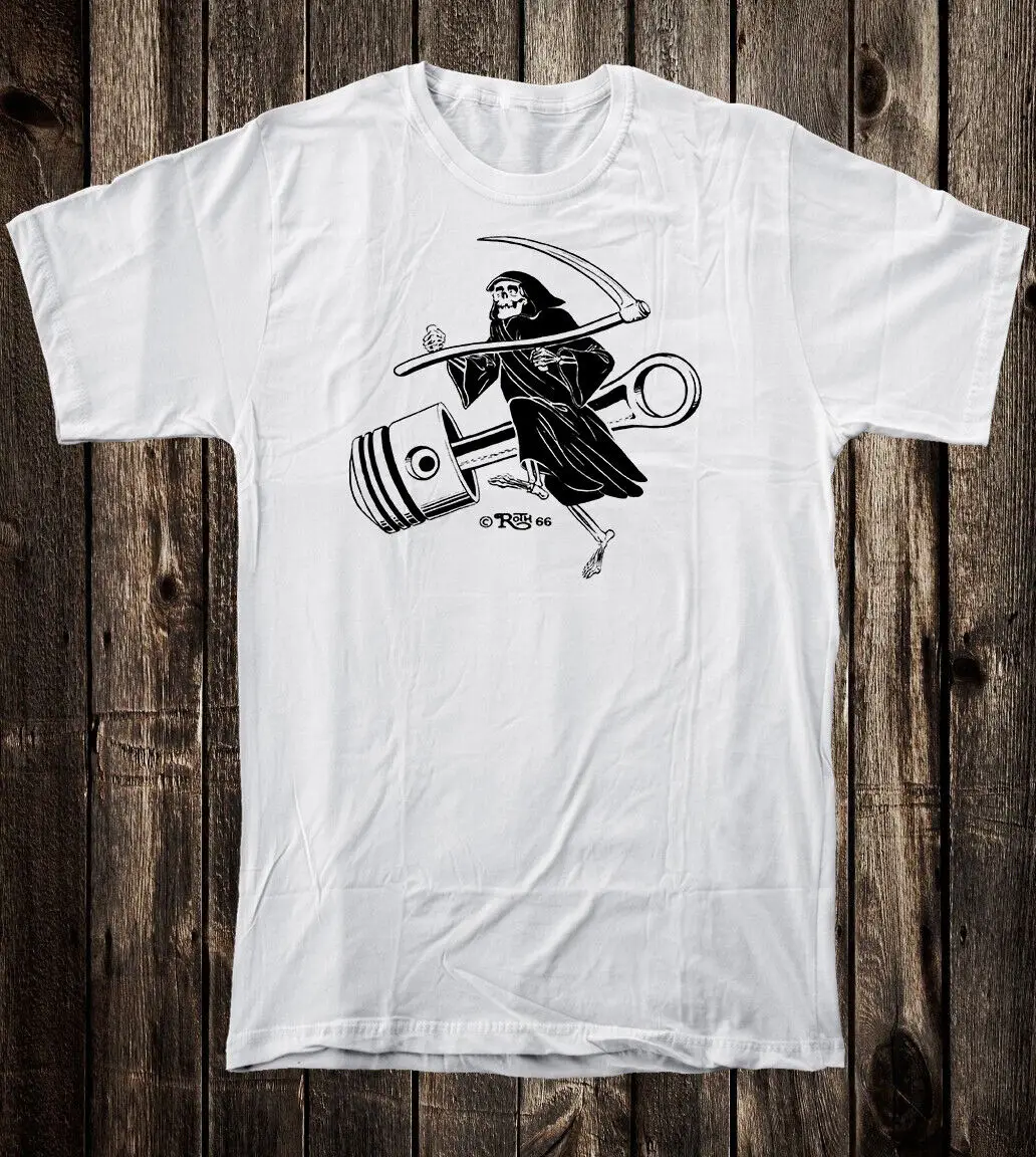 Retro Hot Rod T Shirt Tee 100% Cotton Motorcycle Roth Studios Grim Reaper Piston