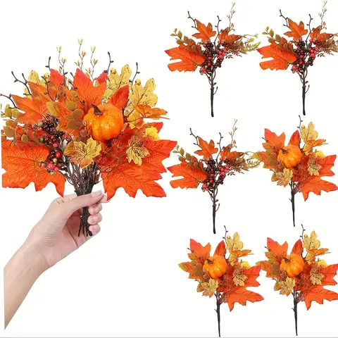 3/4pcs autumn flower selection, artificial autumn flower stems with maple leaves, pumpkins and berries.