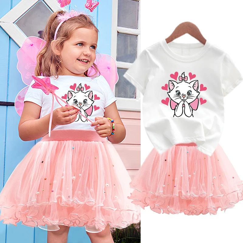 The Aristocats Marie Cat 2Pcs/Set Girl Dress Kid Party Princess Dress T-shirt+Tutu Skirt Summer Outfits Evening Birthday Clothes