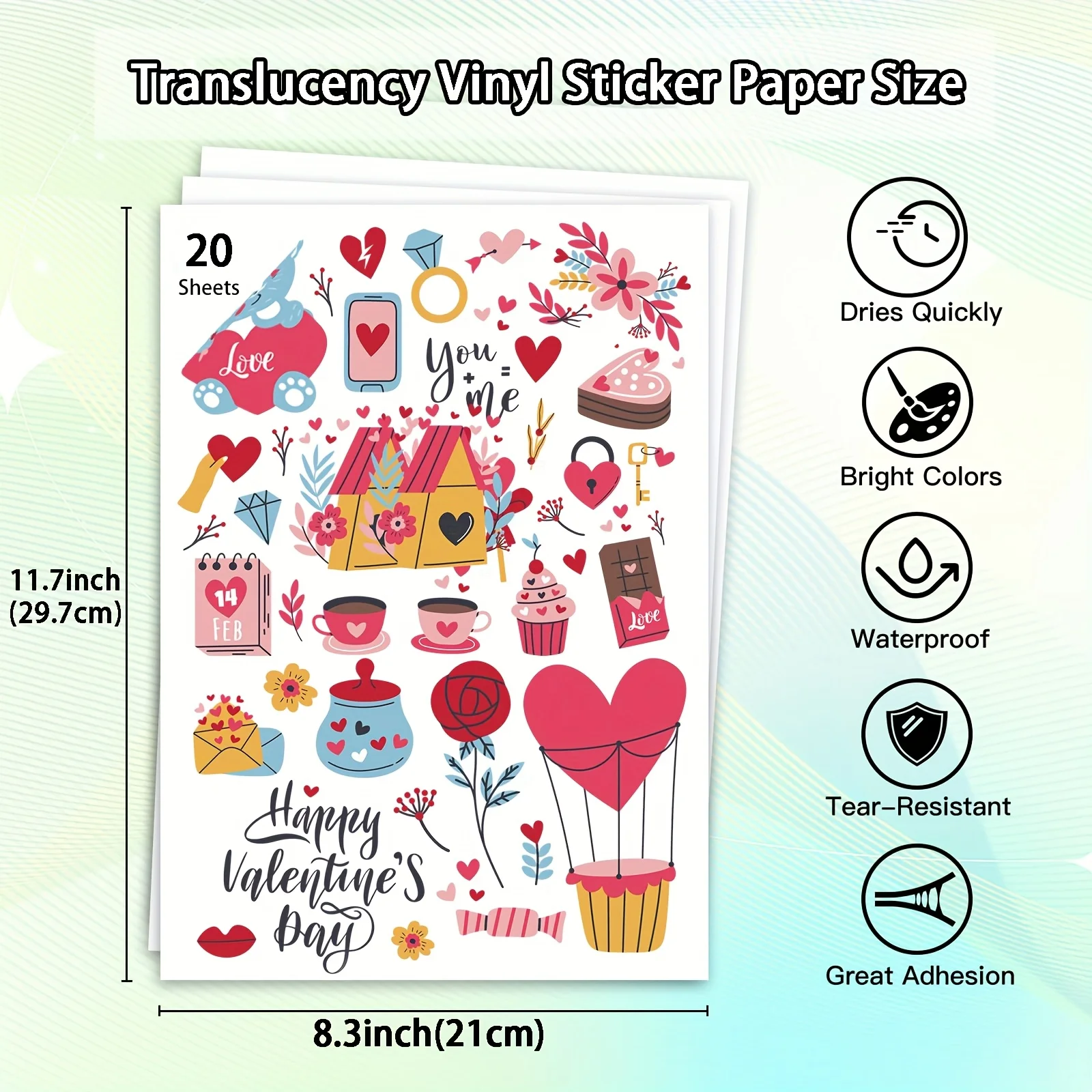 20 Sheets Printable Vinyl Sticker Paper,Translucent A4 (8.3x11.7 Inch) 65% Clear Self-Adhesive Sheets, Waterproof,Dries Quickly