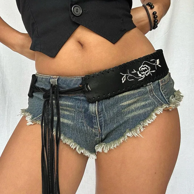 2025 New Floral Embroidery Lace-up Waist Belt Punk Street Nightclub Hottie Decorative Belt Pu Retro Fashion All-match Belt