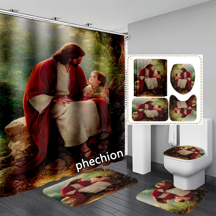 phechion 3D Print Jesus Shower Curtain Waterproof Bathroom Curtain Anti-slip Bath Mat Set Toilet Rugs Carpet Home Decor  VC01