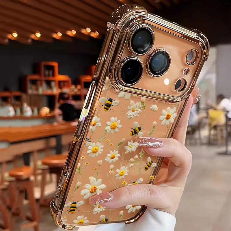 Bee Daisy Flower Airbag Cartoon Clear Phone Case For Motorola Edge 50 60 70 Fusion 5G G77 G60 G06 G24 Electroplated Armor Shell