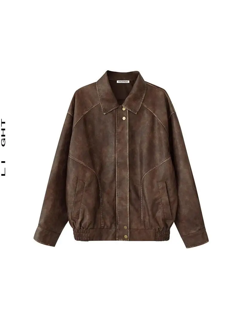 Light2025 Nieuwe Herfst Bruin Leer Jaet Dames Retro Motorkleding Jas Sli Hong Kong Sle Loose Fit Normale Lengte