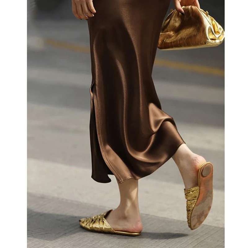 2024 Summer Women Elegant Fashion Satin Vintage High Waist Party Skirts Office Lady Luxury Solid Sexy Split Slim Midi Skirt Saia