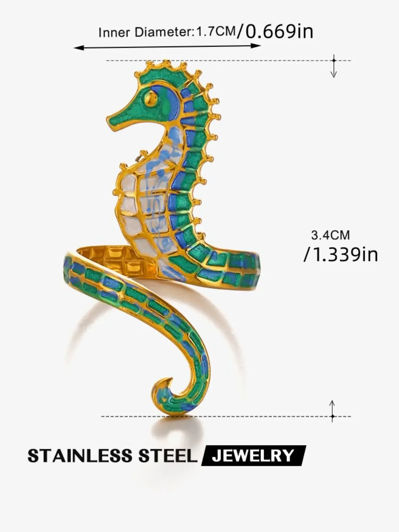 Hand Painted Enamel Seahorse Ring, Gold Plated Adjustable Marine Life Statement Ring, Unique Gift for Sea Lovers, Fashion Rings