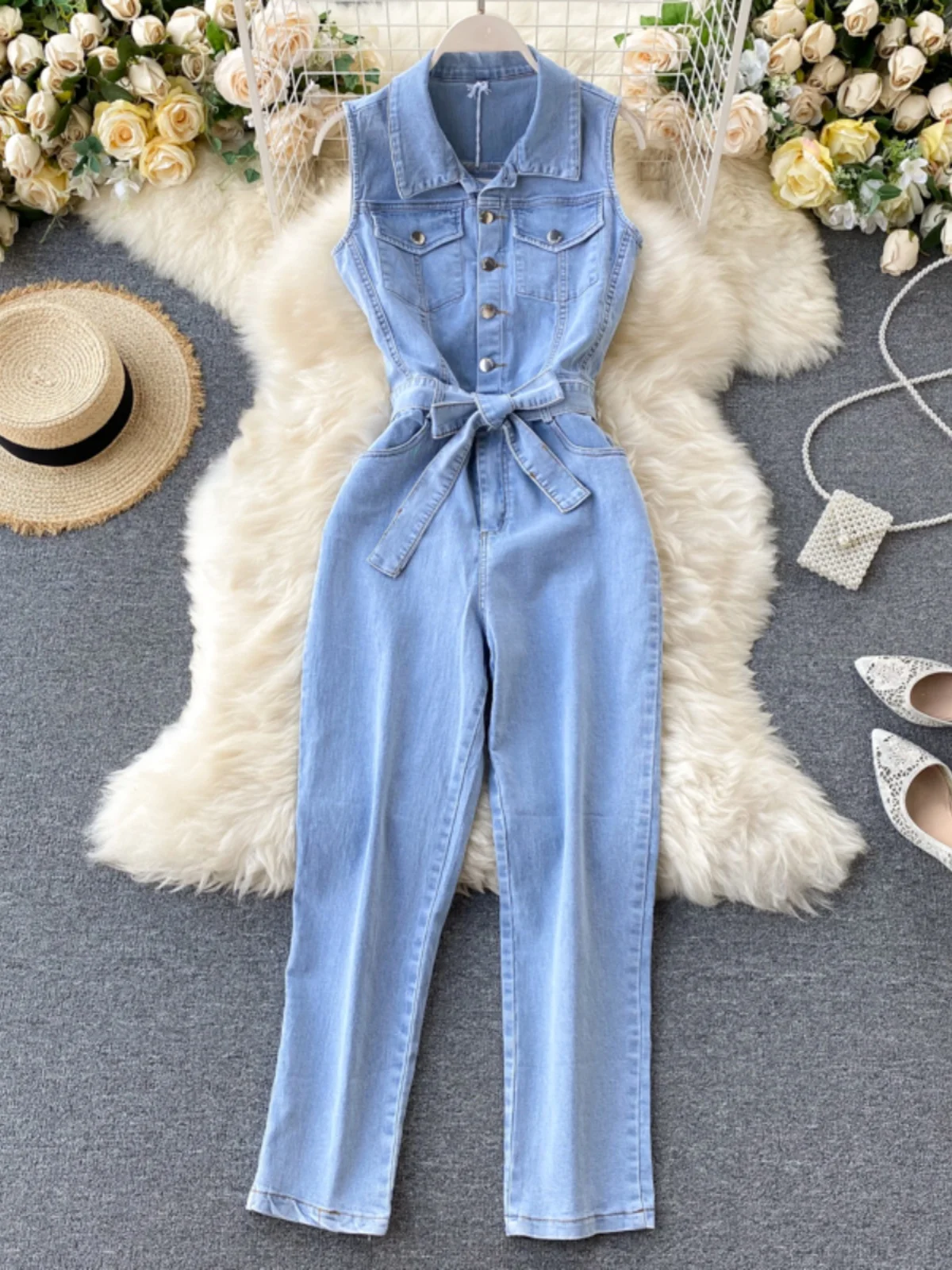 

Hong Kong Sle Retro Buttoned Waist Cinching Straight Leg Wide Leg Pants Denim Jumpsuit Women Summer High Waist Long Pants