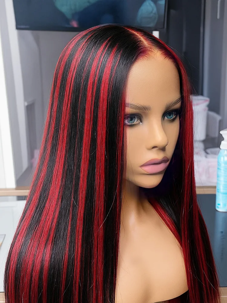 Ombre Highlight Черный Красный 5x5 Бесклеевой парик Человеческие волосы Прямые 1B/99J Цветная застежка 30-дюймовые бразильские готовые к ношению парики