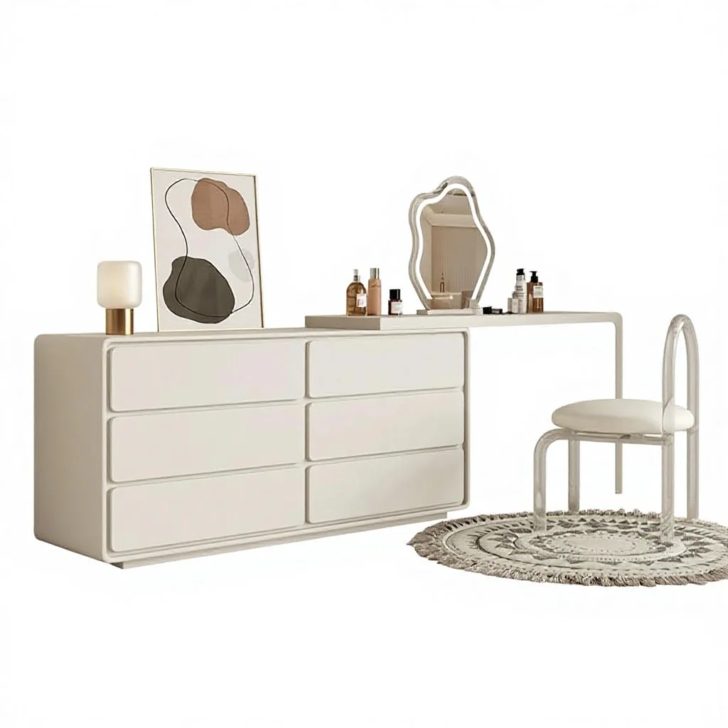 

%Modern Minimalist Solid Oak Adjustable Dresser Vanity Set with Lighted Adjustable Mirror Storage Stool for Bedroom Eco-Friendly