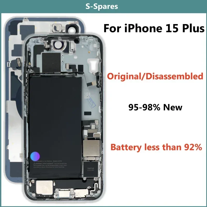 95% New, Original Disassembled Middle Frame Housing Back Cover Glass For iPhone 15 Plus, with Battery NFC Wireless Assembly