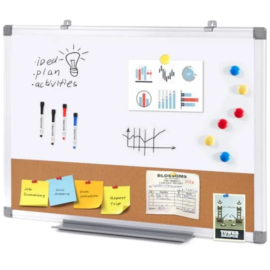 

Dry Erase Board Cork Board Combo Magnetic White Board and Bulletin Pin Board Combination Hanging Wall Mounted Vision Board for