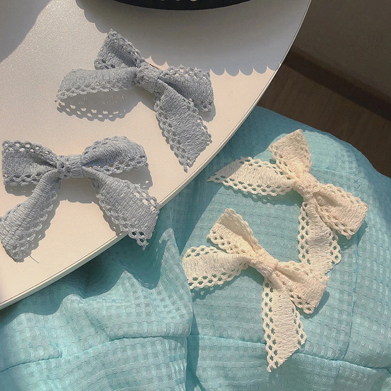 2Pcs Sweet White Lace Bowknot Hair Clips For Baby Girls Boutique Bows Hairpins Barrettes Rubber Band Headwear Hair Accessories