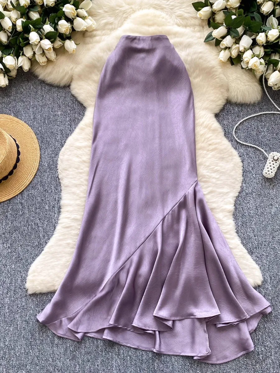 

Foamlina Summer High Waist Elegant Temperament Maxi Skirt Light Luxury Celebrity High Quality Satin Irregular Skirt