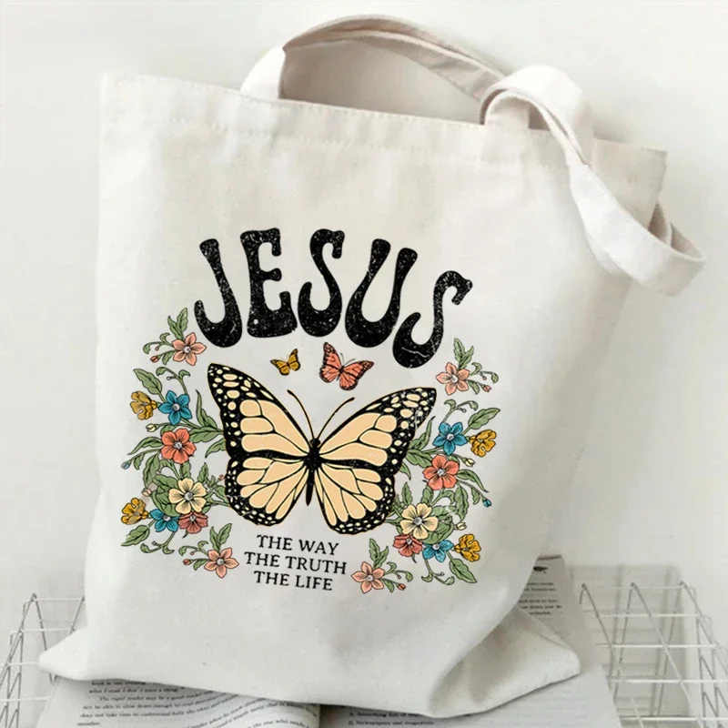 Women Handbags Jesus Butterfly Canvas Bag Vintage Flower Butterfly Fashion Tote Bags Christianity Trend Side Bag for Ladies 2024