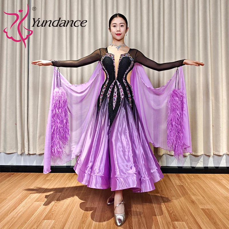B-26041 Custom International Standard Ballroom Dance Dress for Women Black and Purple Gradient Satin Chiffon Dance WearB-26041 C