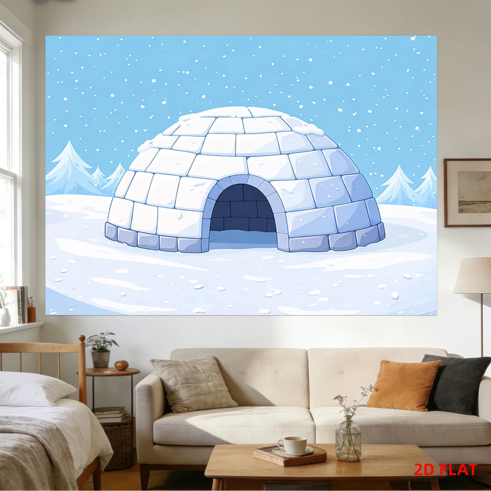 Decorative Igloo Mural Tapestry Waterproof Winter Snow Art Hanging Canvas Print for Kids Bedroom Living Room Home Decor Wall Dec