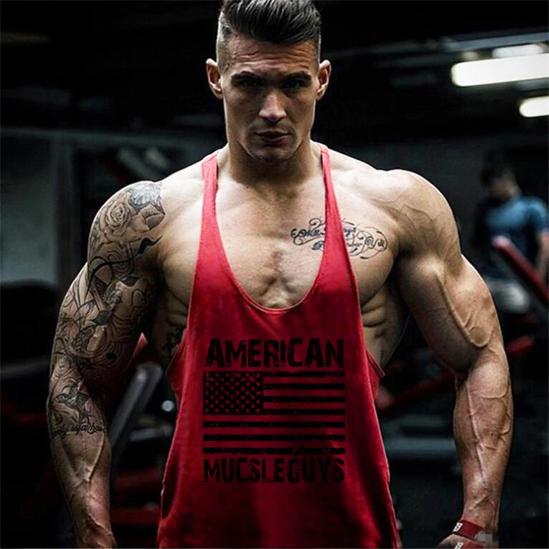 Professional Muslce Bodybuilding Stringer Tank Tops Mens Fitness Singlets Gym Clothing Printed American Flag Cotton Running Vest