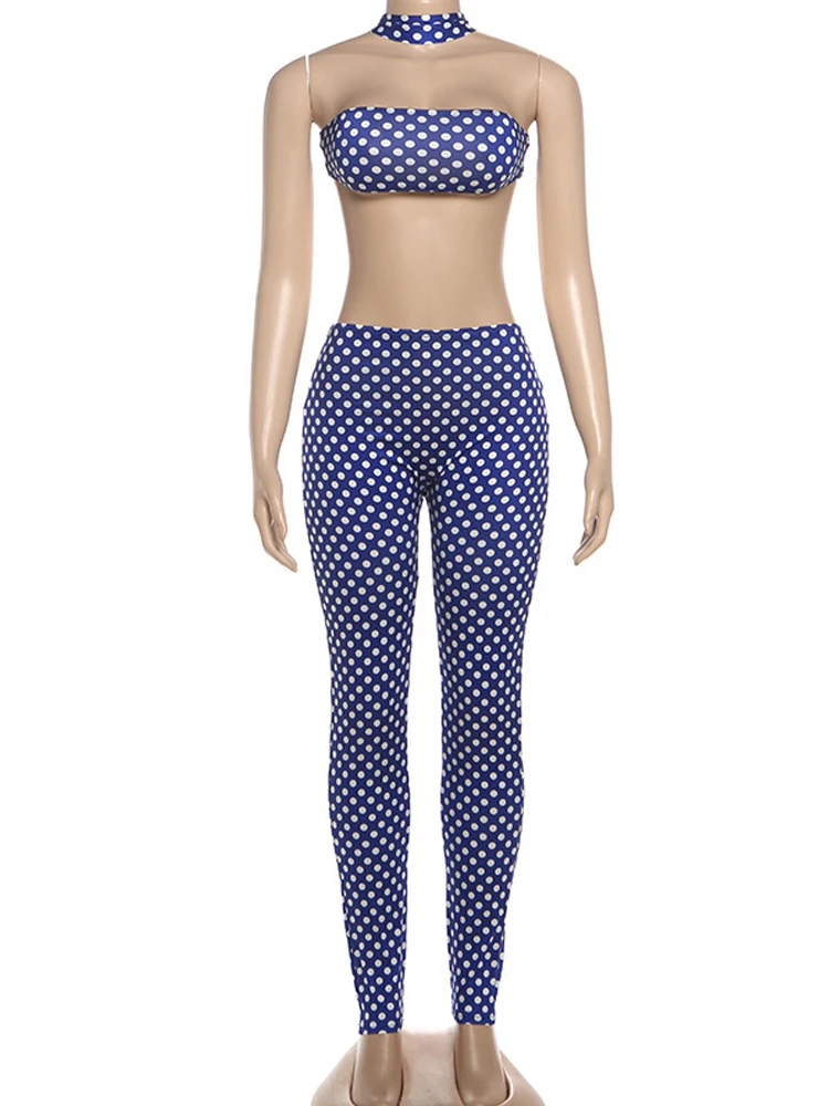 Raar Puss Hottie Polka Dot 2-delige set Dames Halter Borst gewikkeld Backless Top + Ruches Perzik Hippe Broek Stretch Skinny Clubwear
