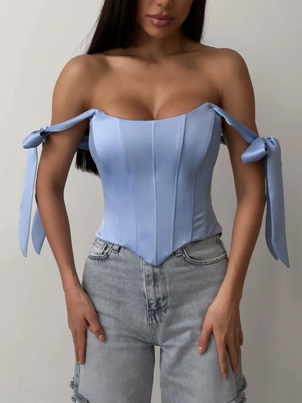 Summer Women's Clothing Boned Low Cut Bustier Top Bow Tie Elegant Corset Tank Top For Satin Crop Style