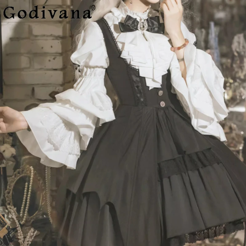 

Sweet Girl White Stand-up Collar Bow Ruffles Flare Sleeve Shirt Fashion Elegant Versatile Age-reducing Lolita Bottoming Shirts