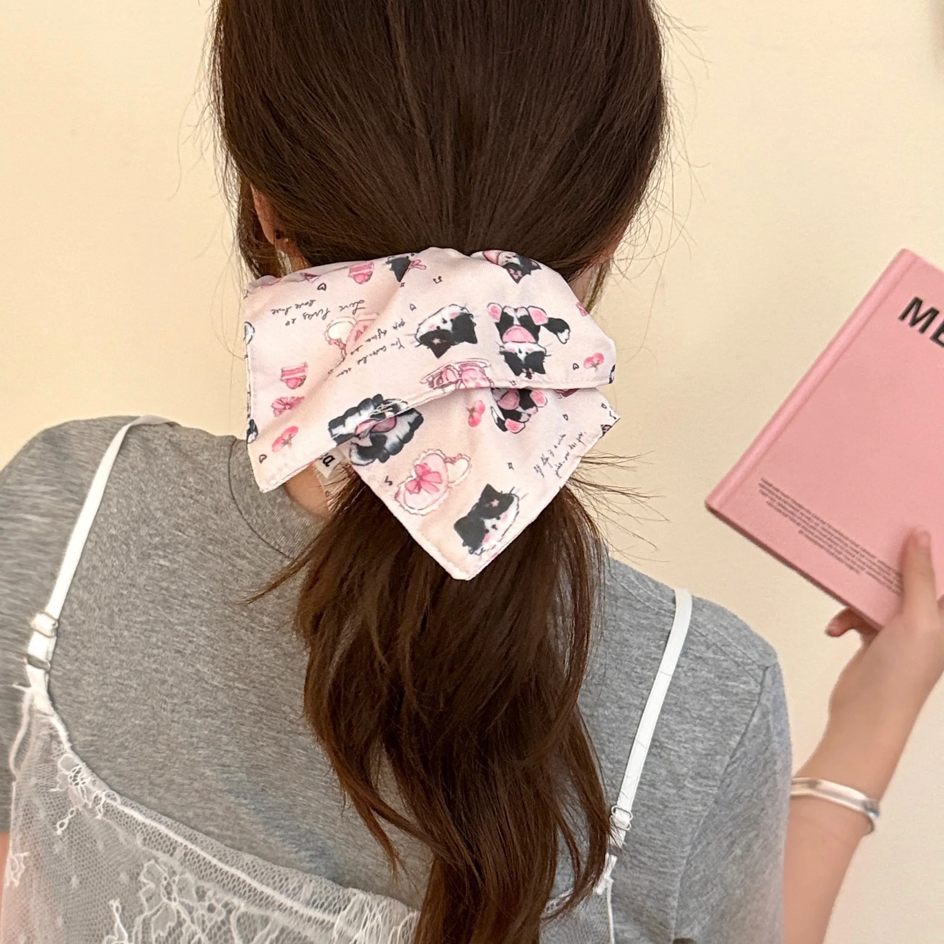 Oversize Hair Scrunchie 20cm Summer Cherry Floral Bandana Design Puff Elastic Tie for Women High Bun Luxe