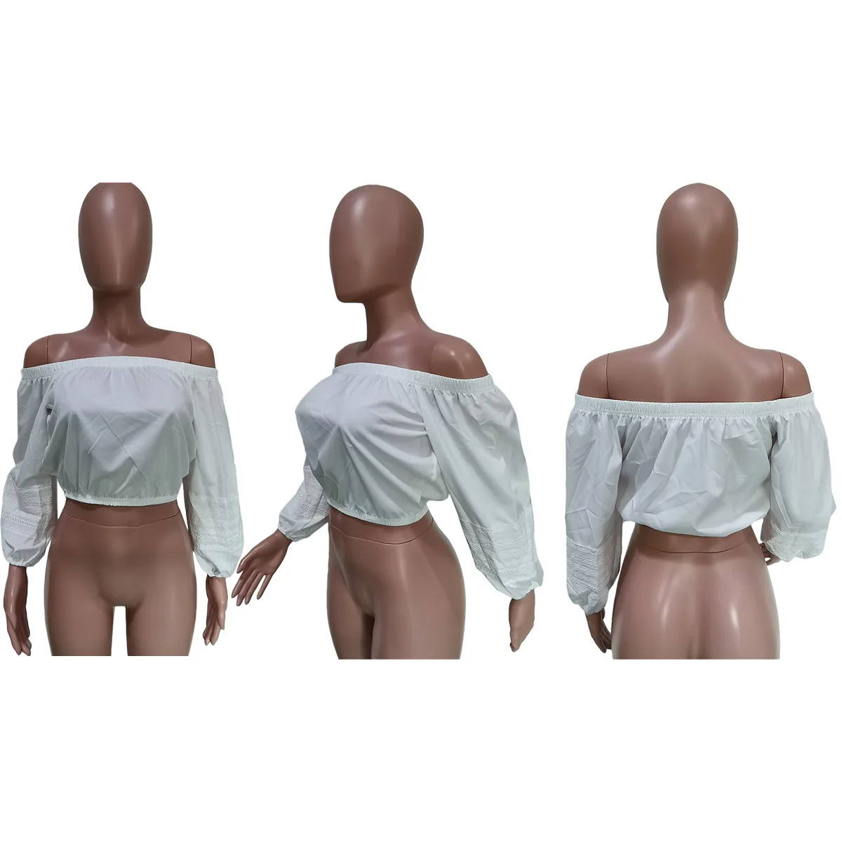 Women's Solid Color T-shirt Full Lantern Sleeve Off-the-shoulder Loose Casual Short Top Fashion Streetwear Autumn Wear
