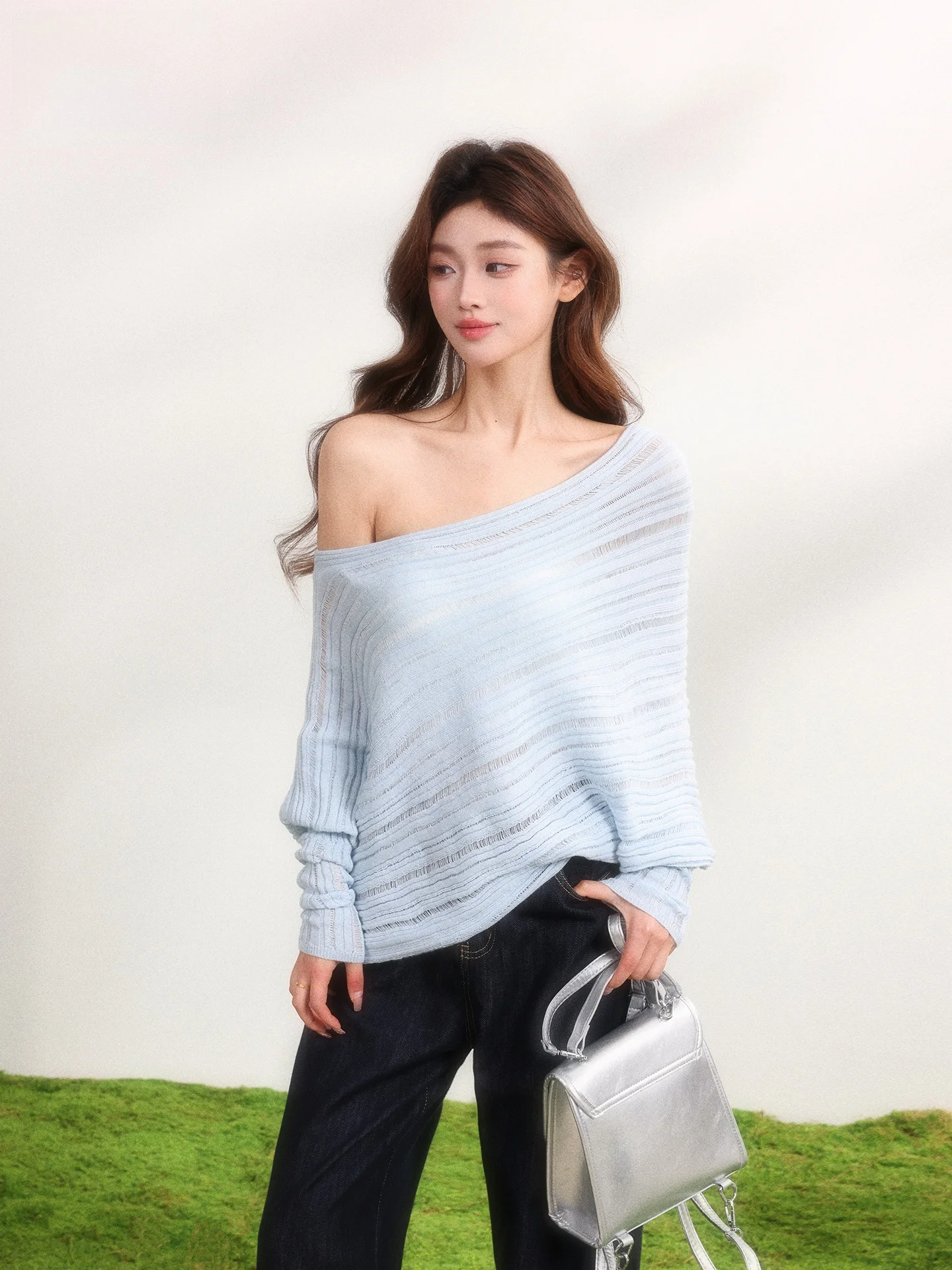 

Blue Striped Loose Knitted Top Women's Fashion Shoulder Bared Long Sleeve Casual Style Summer New Loose Tunic Shirt