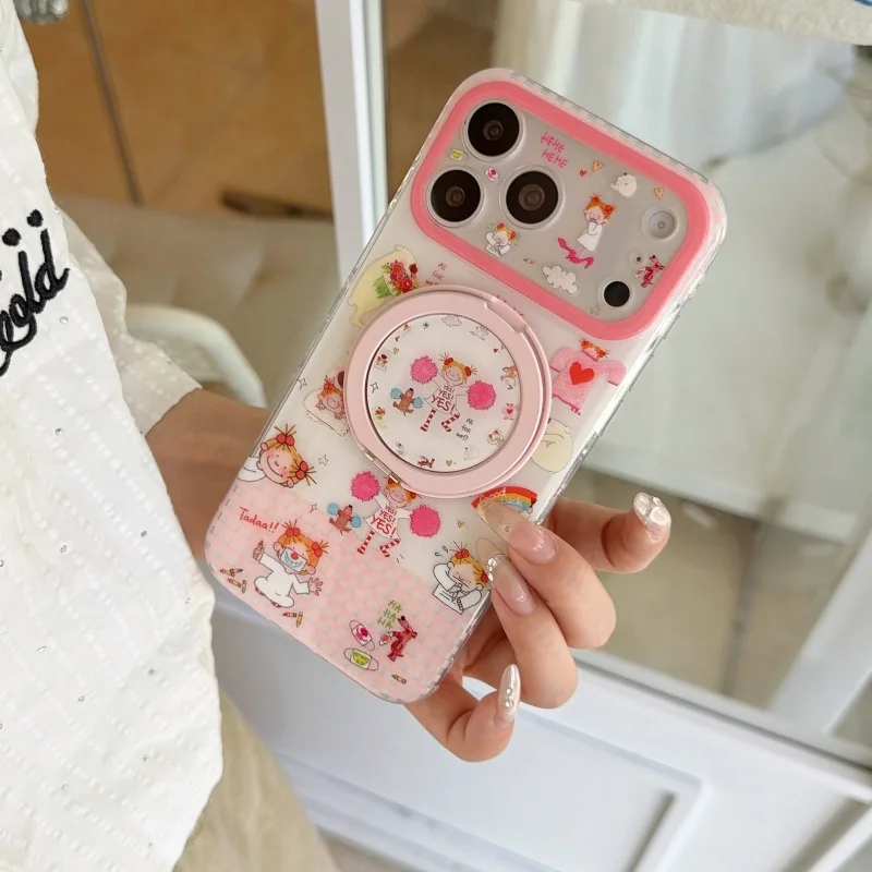 

Funny Cute Happy Girl Phone Plaid Pattern Phone Case For iPhone 17 Pro 16 15 14 Pro Max Cover with Holder Shockproof Protective
