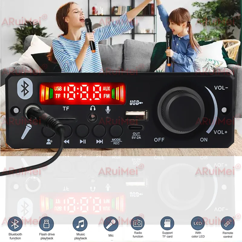 ARuiMei 160W 2 * 80W Amplifier Board Bluetooth 5.0 MP3 Decoder USB/TF/FM Car Stereo 8-24V Call Recording Folder Switching