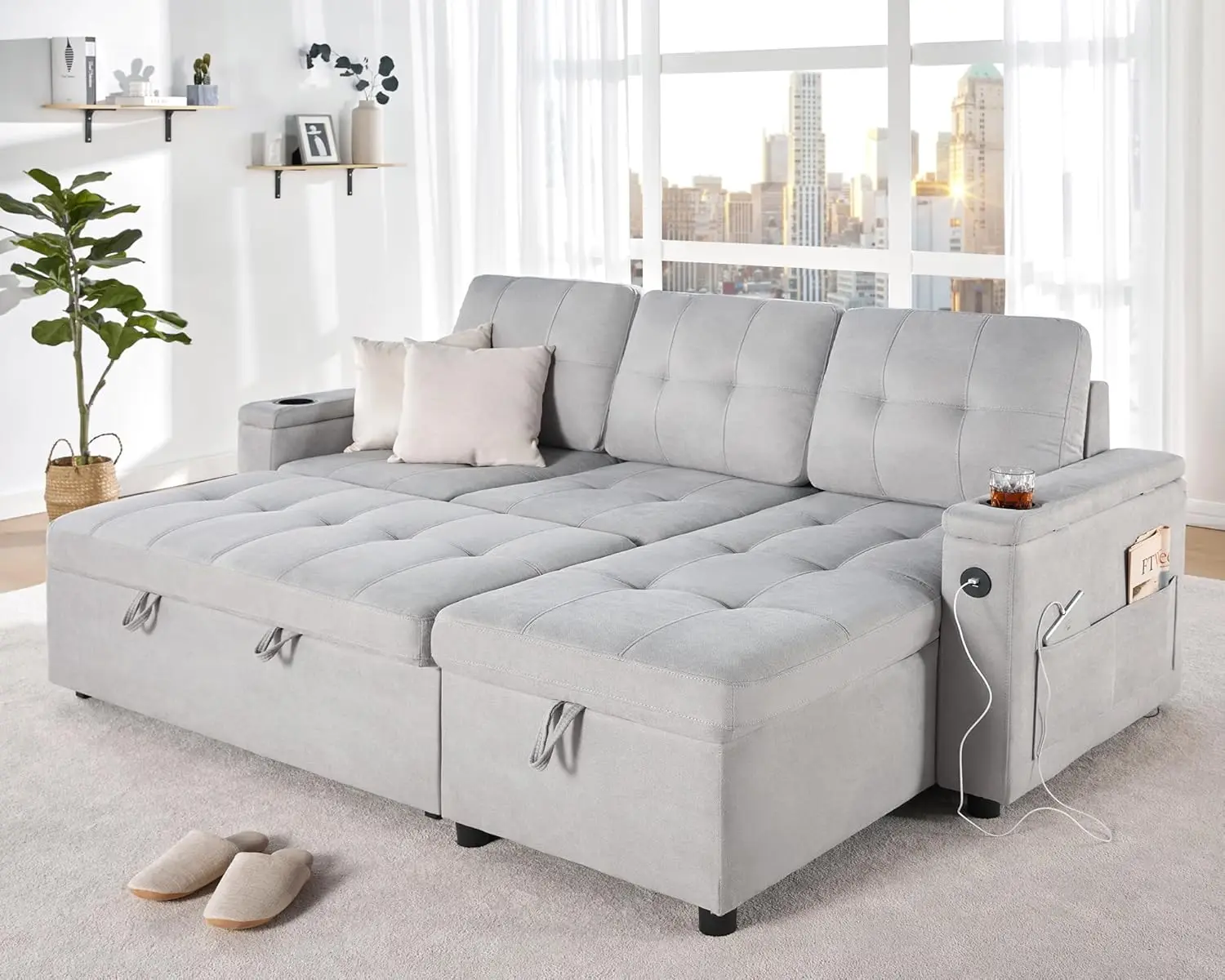 

Pull Out Couch Bed with USB Charging Port & Cup Holders, Sectional Couch with Storage Chaise, Comfy Couch for Living Room